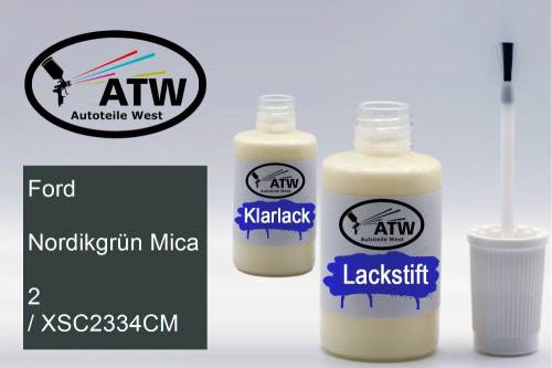 Ford, Nordikgrün Mica, 2 / XSC2334CM: 20ml Lackstift + 20ml Klarlack - Set, von ATW Autoteile West.